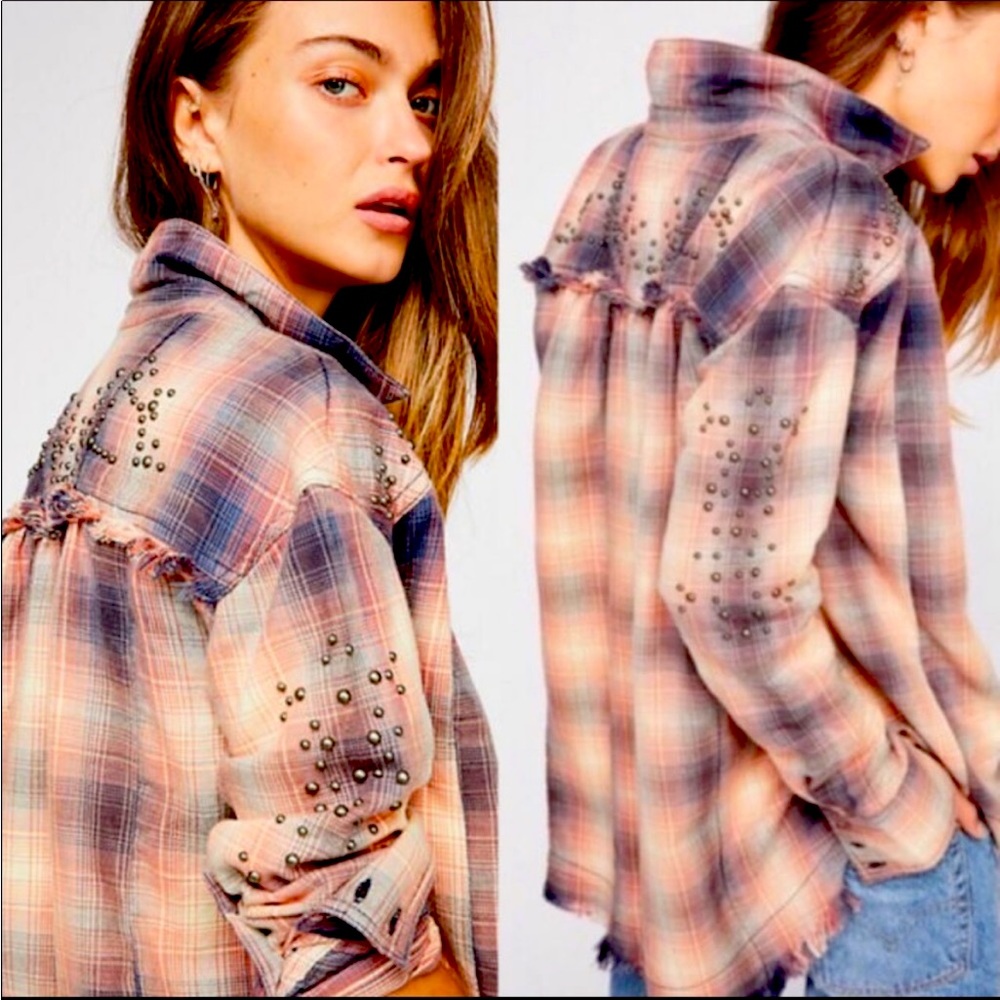 Free People Take On Me Plaid Studded Flannel Shirt